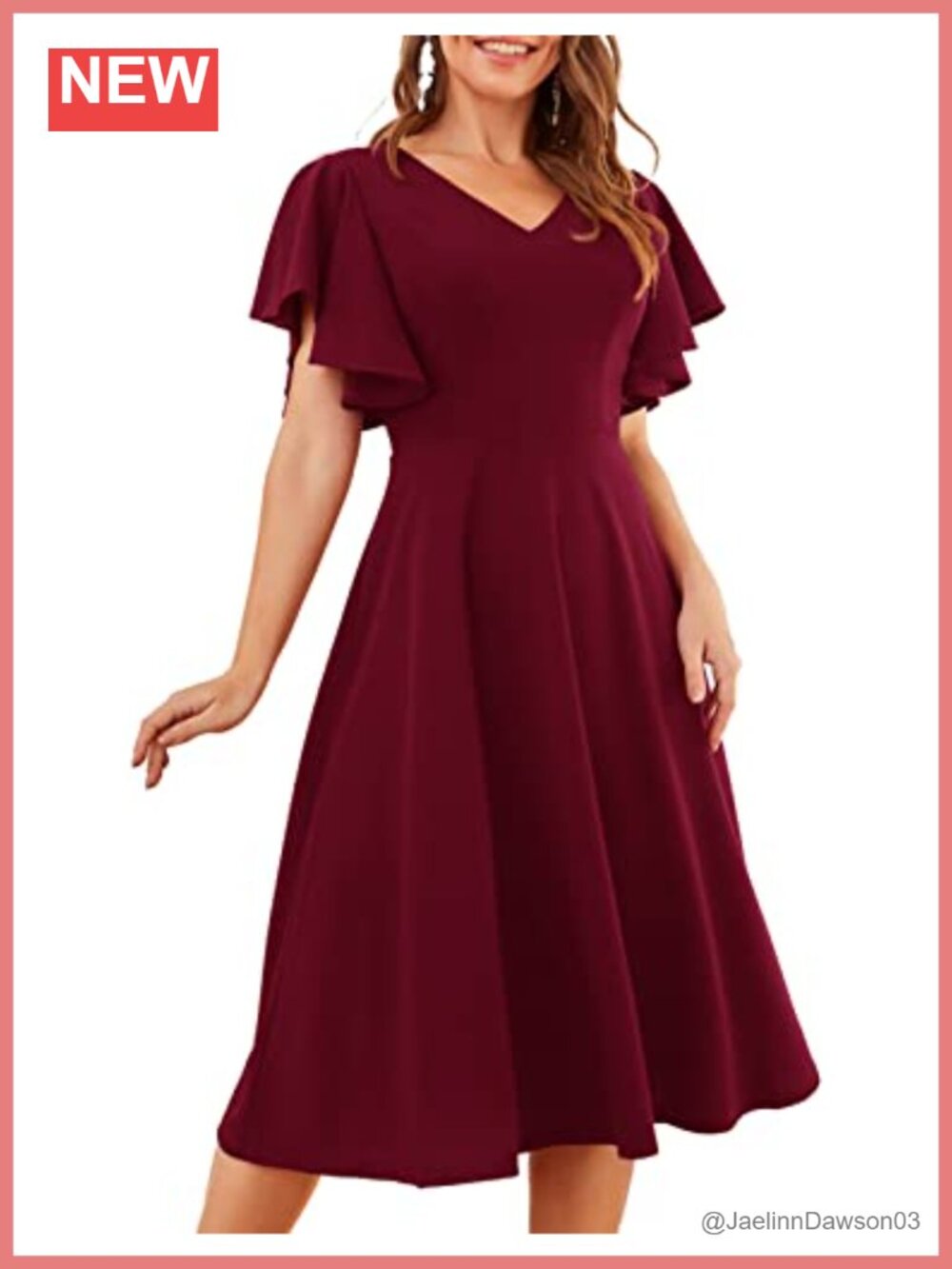 Fit and Flare Wedding Guest Dress V-Neck Short Sleeve Midi Tea Party Dress